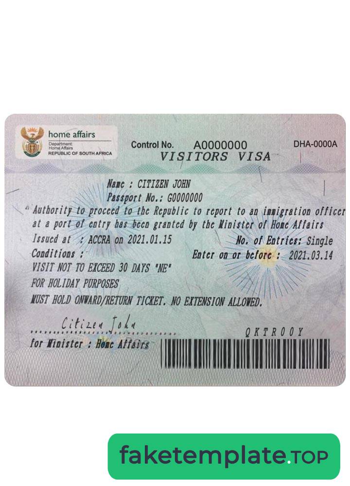 Feature of fake South Africa visa example